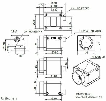 Mechanical drawing and dimensions of USB3 Industrial camera 12.3MP Monochrome with Sony IMX253 sensor, model ME2P-1231-32U3M