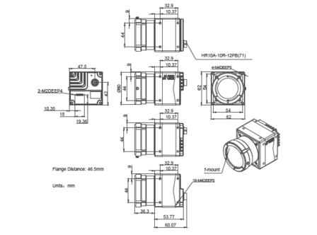 Mechanical drawing and dimensions of 32MP USB3 Imaging Camera Color with ONSEMI XGS32000 sensor, model MARS-3250-12U3C F-mount