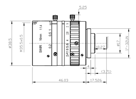 Mechanical Drawing LENS C-mount 2MP 16MM F1.4 for max sensorsize 2/3&quot; SWIR