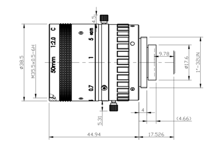 Mechanical Drawing LENS C-mount 2MP 50MM F2.0 for max sensorsize 2/3&quot; SWIR