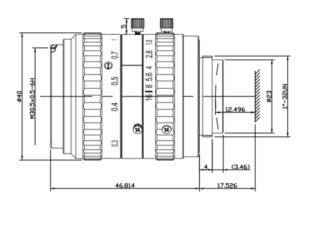 Mechanical Drawing LENS C-mount 5MP 25MM F1.8 for max sensorsize 1&quot; SWIR