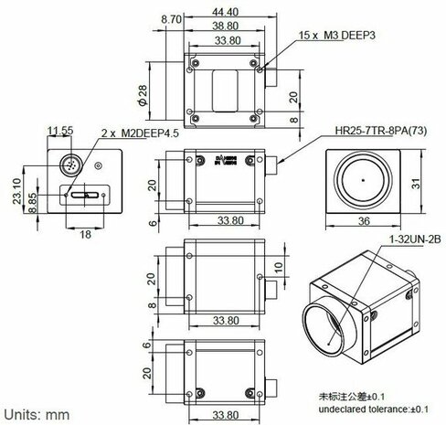 Mechanical drawing and dimensions of USB3 Industrial camera 26.2MP Monochrome with Gpixel GMAX0505 sensor, model ME2P-2621-15U3