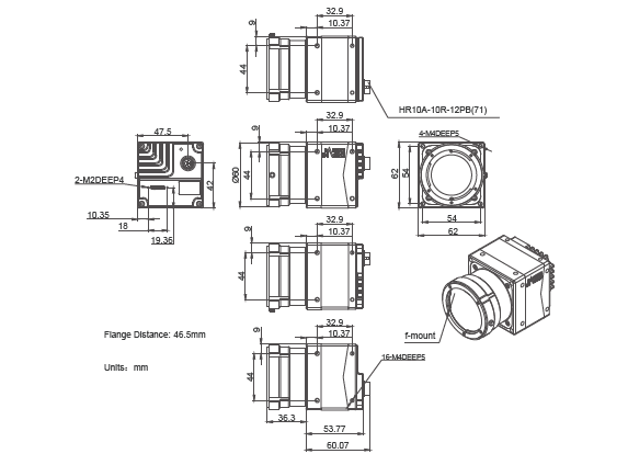 Mechanical drawing and dimensions of 32MP USB3 Imaging Camera Color with ONSEMI XGS32000 sensor, model MARS-3250-12U3C F-mount